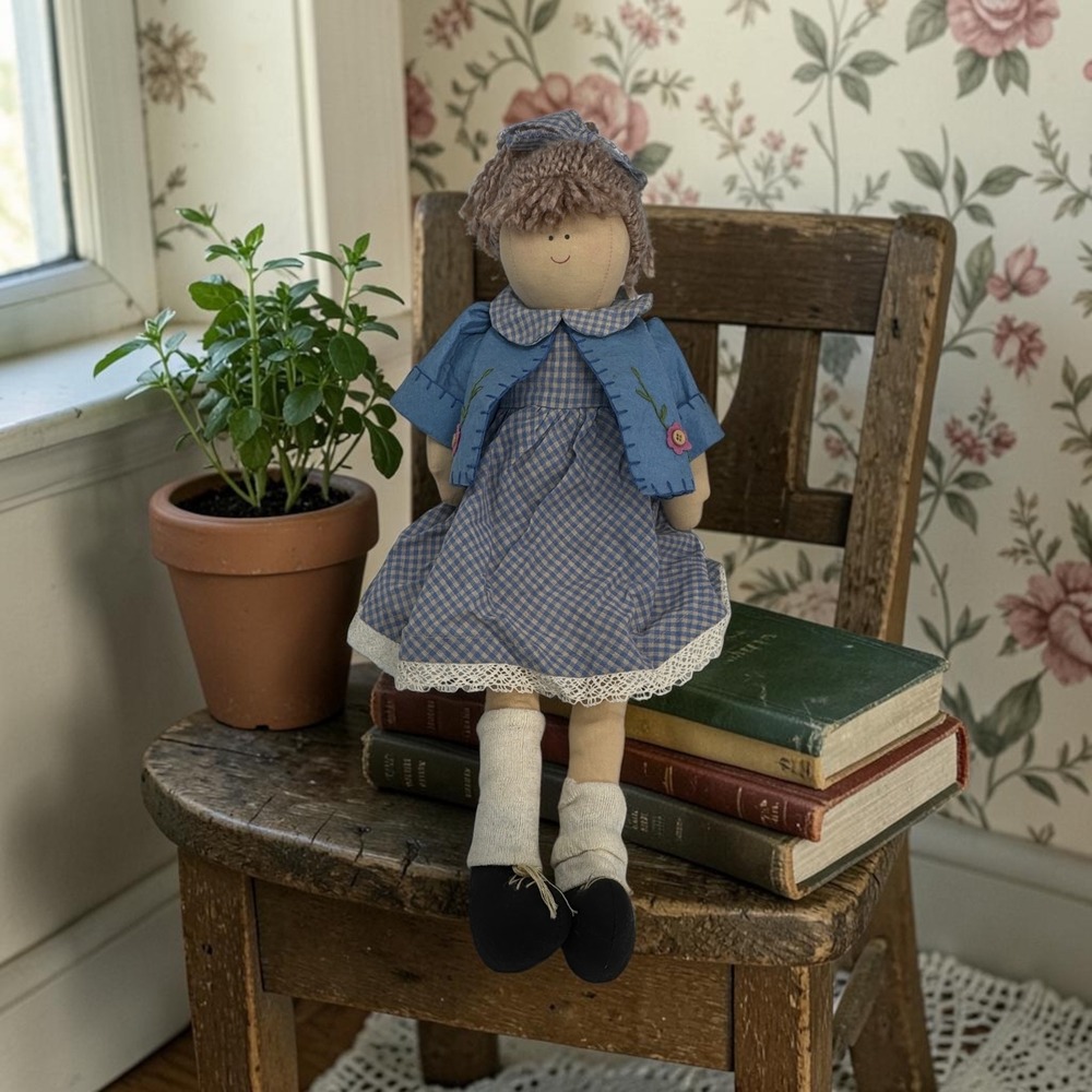 Delton Shelf Sitter Doll 18" Country Cottage Primitive Rag Doll Blue‎ Dress